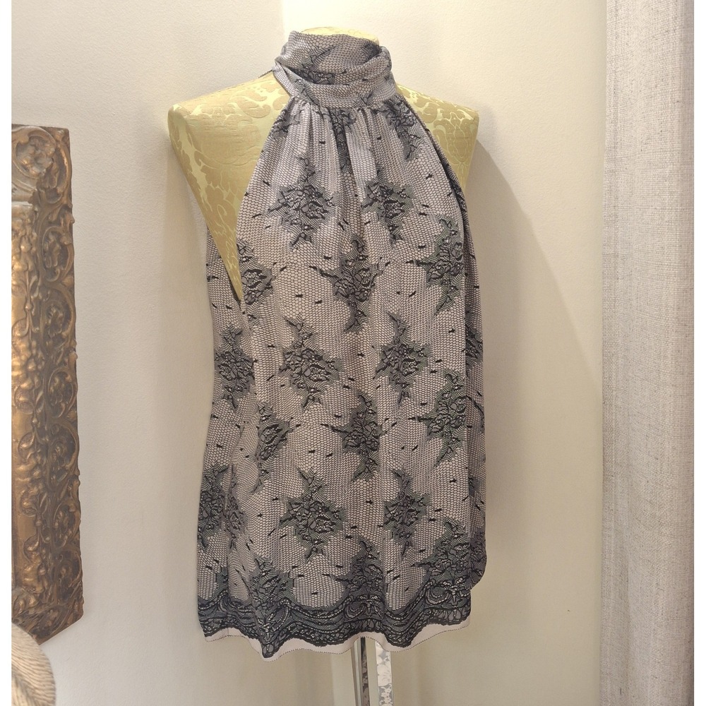 L'AGENCE Silk Luxury Floral Print Gray Black Halter Top Blouse Relaxed Fit 2